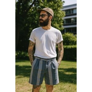 Vtg Men's Shorts Pleated Stripes Y2K 90s Twee 36 Retro Preppy Fisher Nautical